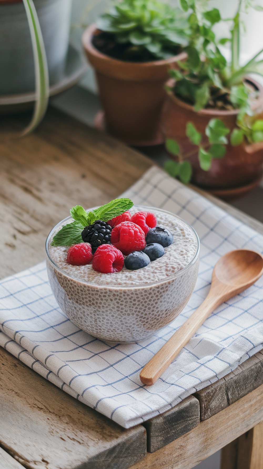 Chia seed pudding topped with fresh berries and mint leaves