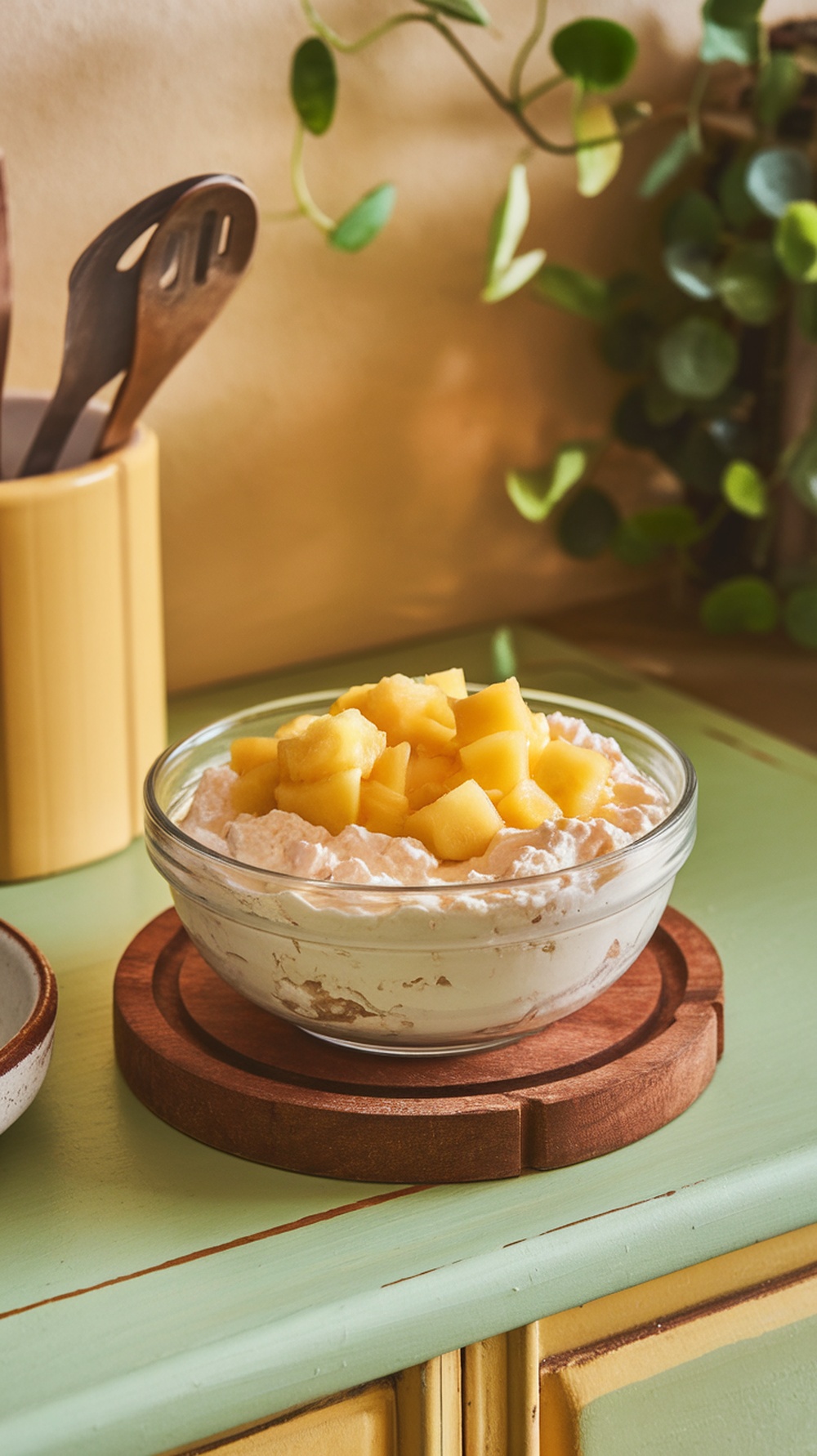 A bowl of cottage cheese topped with diced pineapple on a wooden coaster, with kitchen utensils in the background.