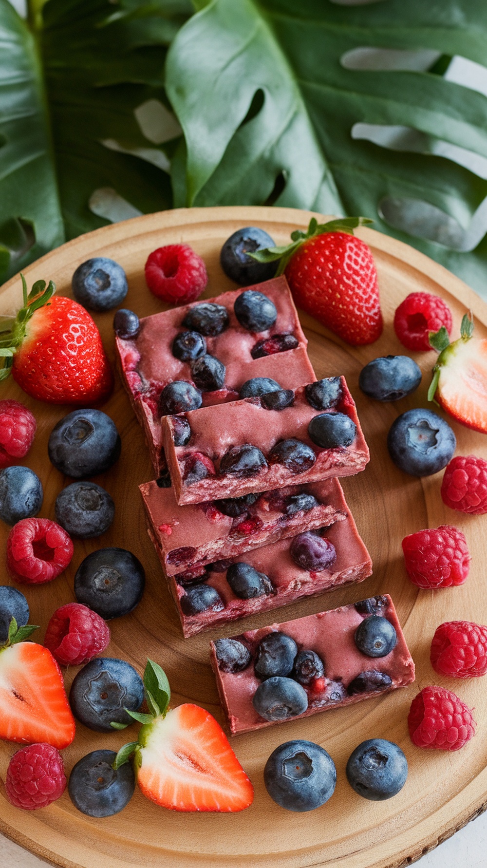 Berry Blast Protein Bars with fresh strawberries, blueberries, and raspberries on a wooden plate