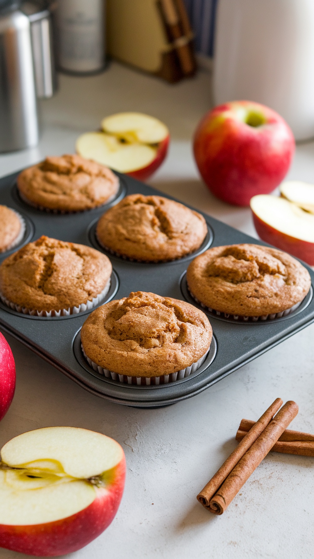 Freshly baked apple cinnamon whole wheat muffins in a muffin tin with apples and cinnamon sticks nearby.