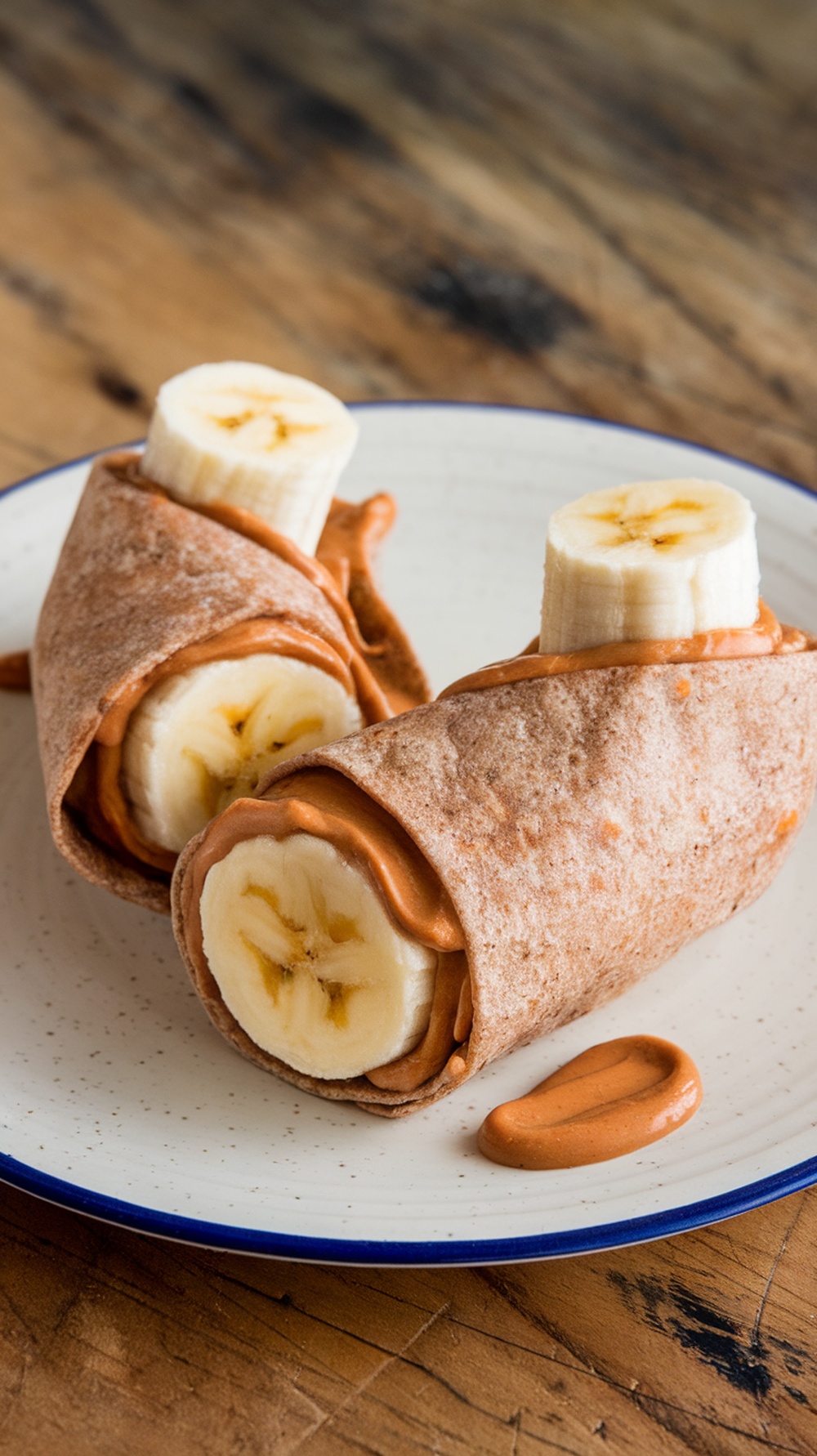 A banana peanut butter wrap on a plate, showcasing a whole wheat tortilla filled with banana and peanut butter.