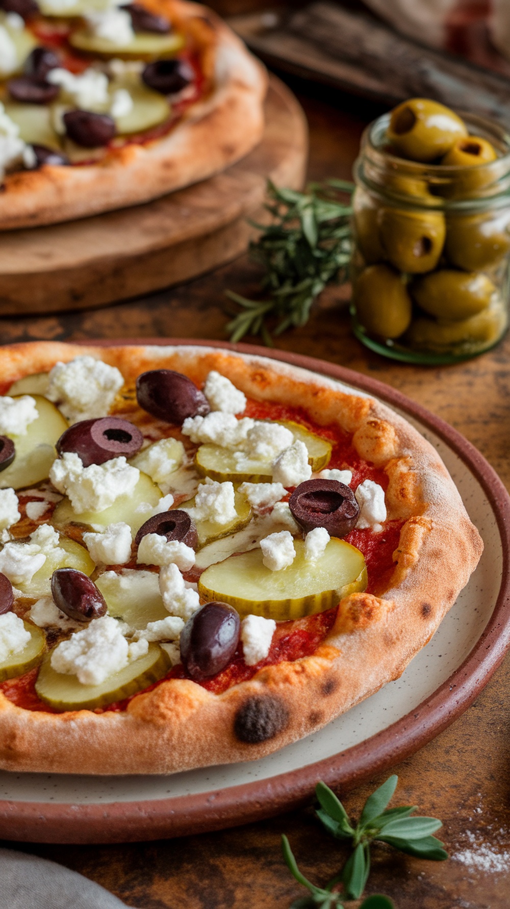A delicious pizza topped with pickles, feta cheese, and olives, showcasing a Mediterranean twist.