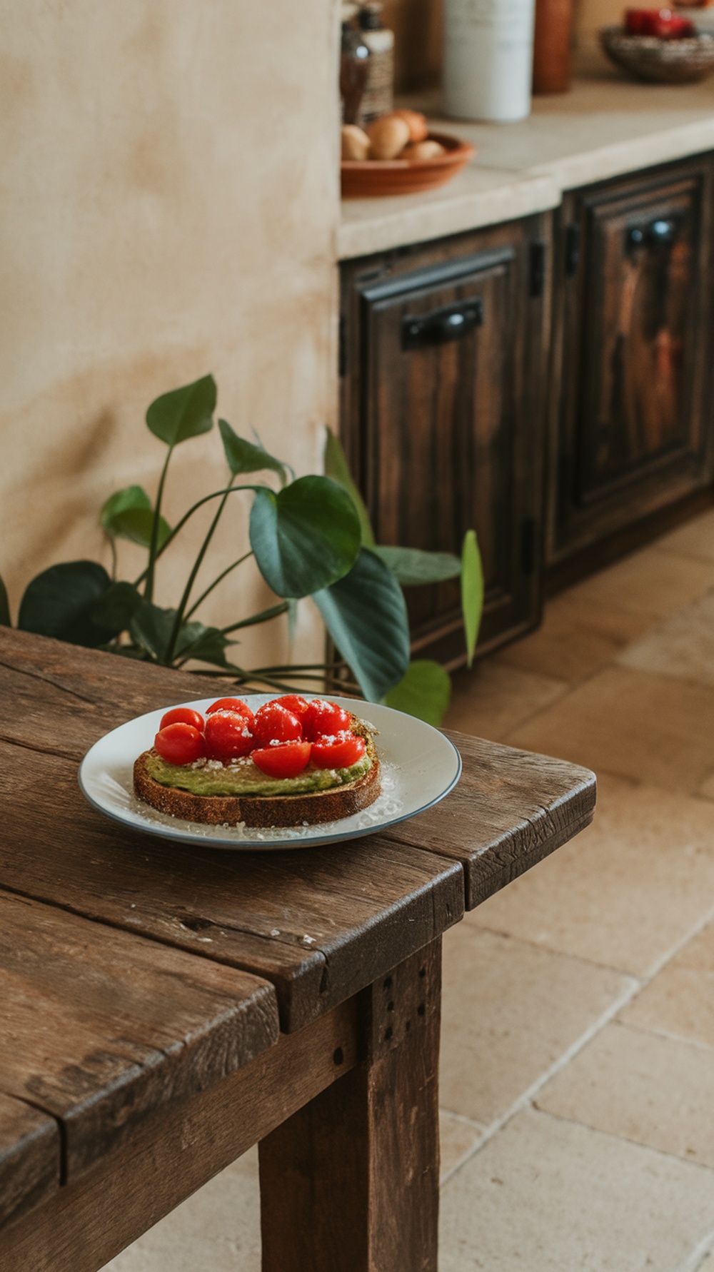 A plate of avocado toast topped with cherry tomatoes on a wooden table