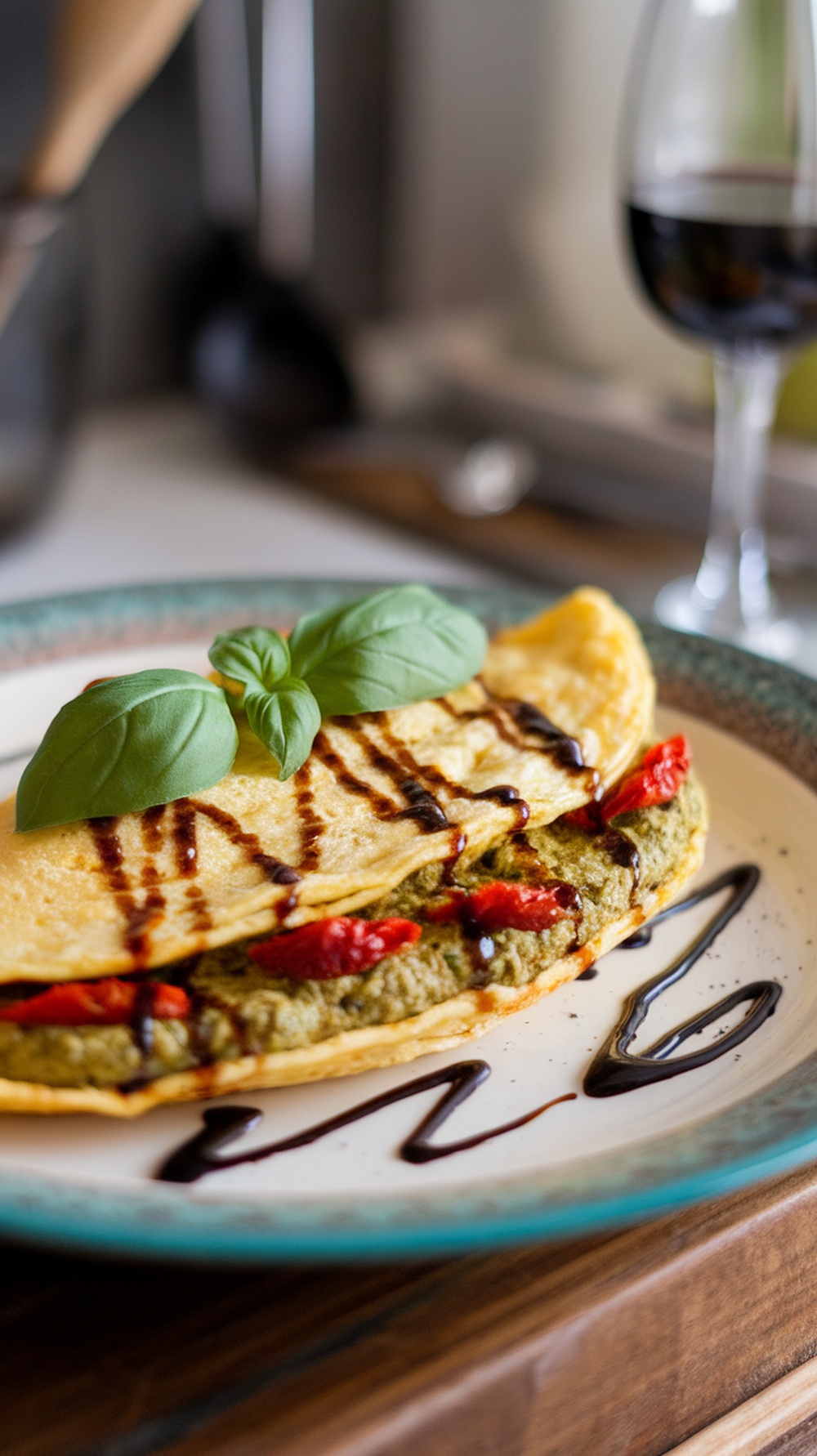 A delicious pesto and sun-dried tomato omelette garnished with fresh basil and balsamic drizzle.