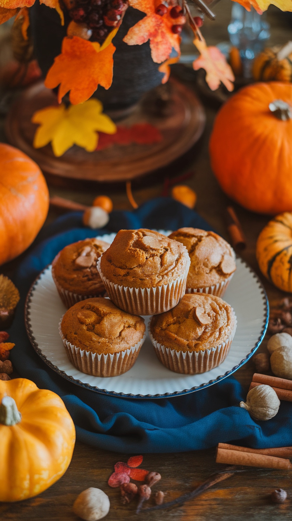 A plate of pumpkin spice muffins surrounded by autumn decorations.