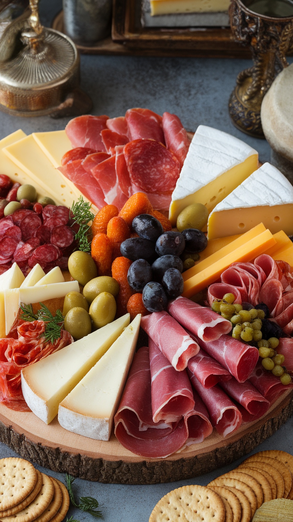 A beautifully arranged charcuterie board featuring various meats, cheeses, olives, and pickles.
