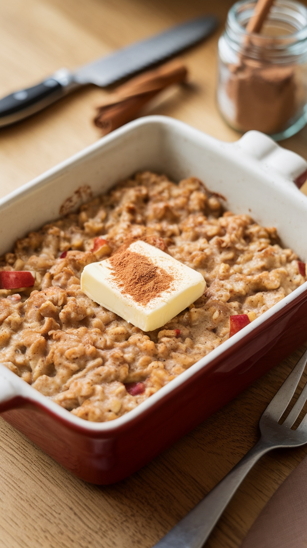 Baked oatmeal with apples and cinnamon topped with butter and cinnamon in a red baking dish.