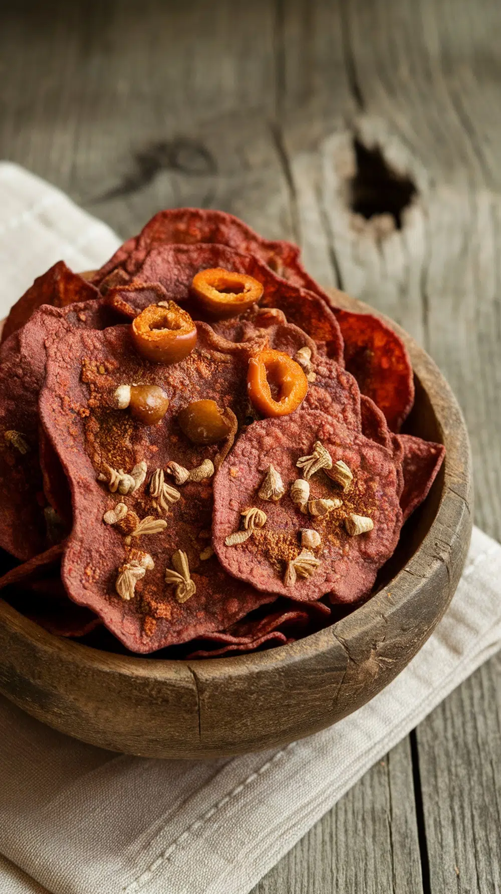 A rustic wooden bowl filled with smoky chipotle pickle chips, garnished with spices and chipotle slices.