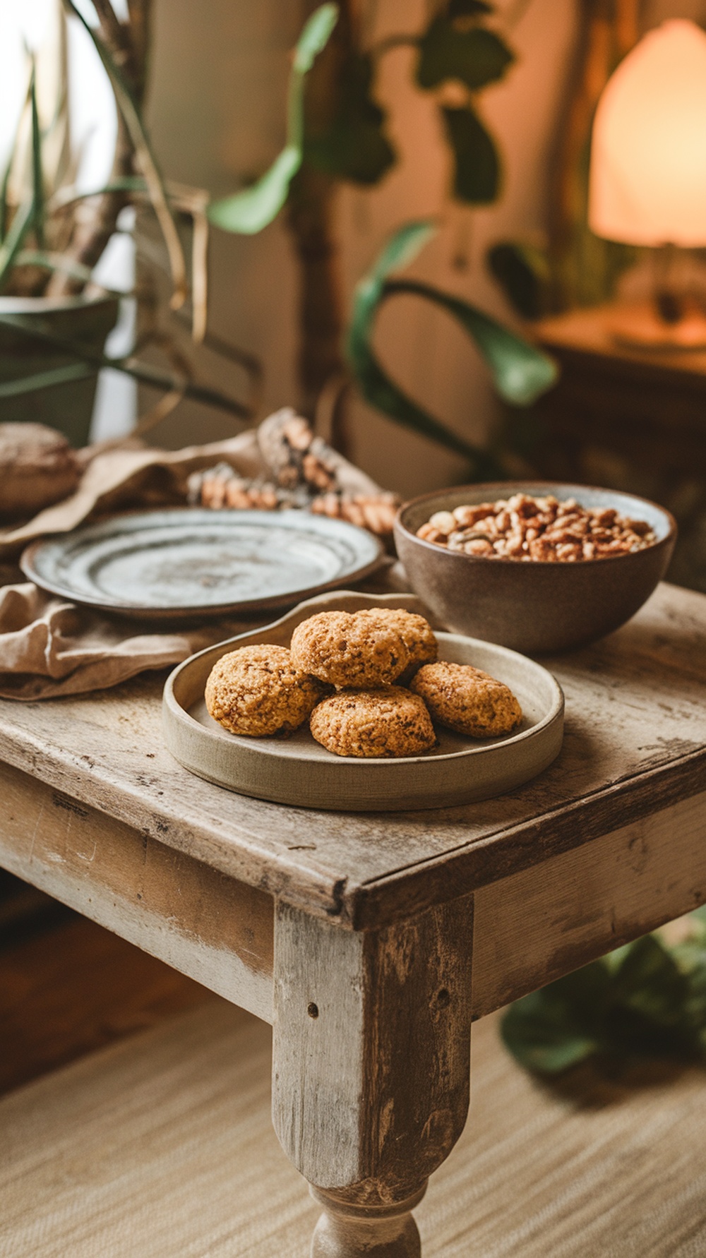 A plate of nutty quinoa cookies on a rustic wooden table with a bowl of nuts in the background.
