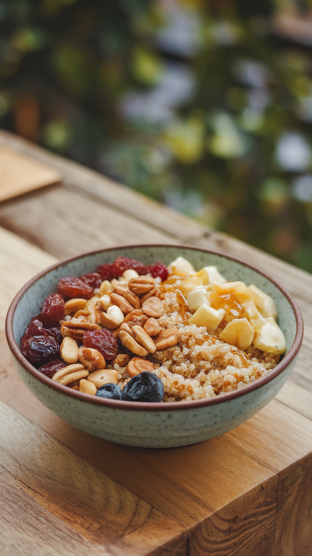 A quinoa breakfast bowl topped with nuts, banana slices, blueberries, and cranberries.