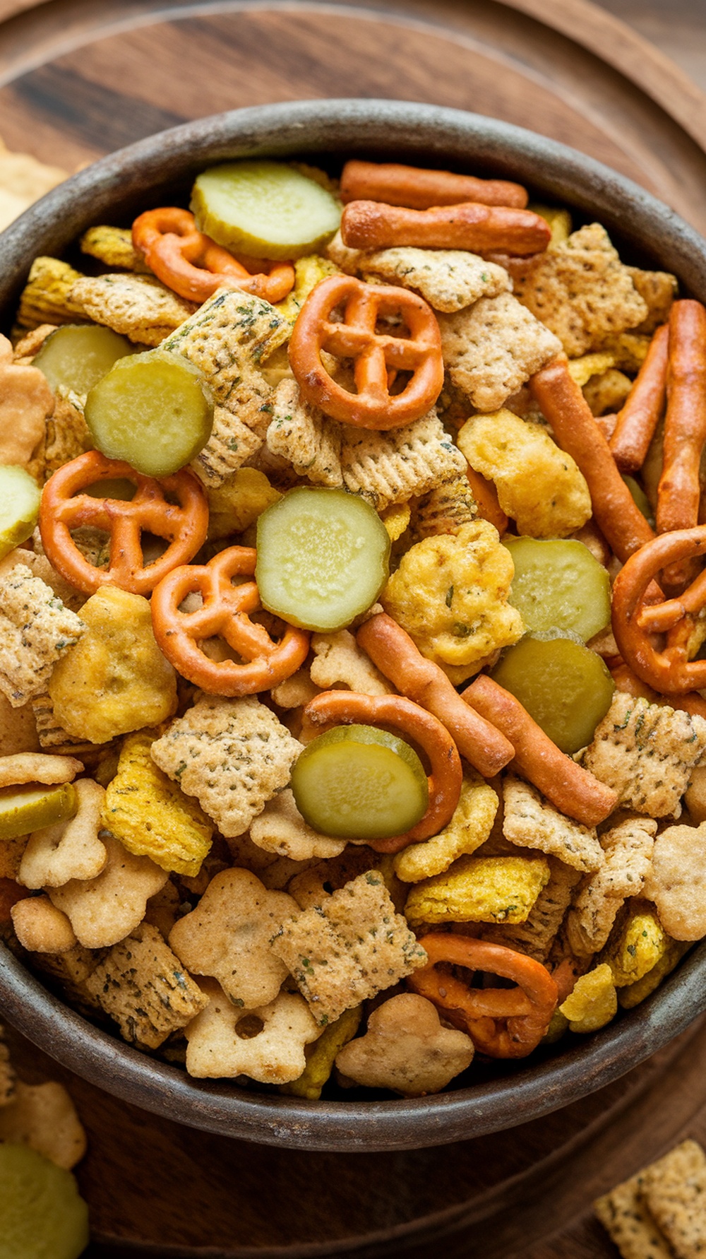 A bowl of Garlic and Herb Dill Pickle Chex Mix featuring Chex cereal, pretzels, and dill pickle slices.