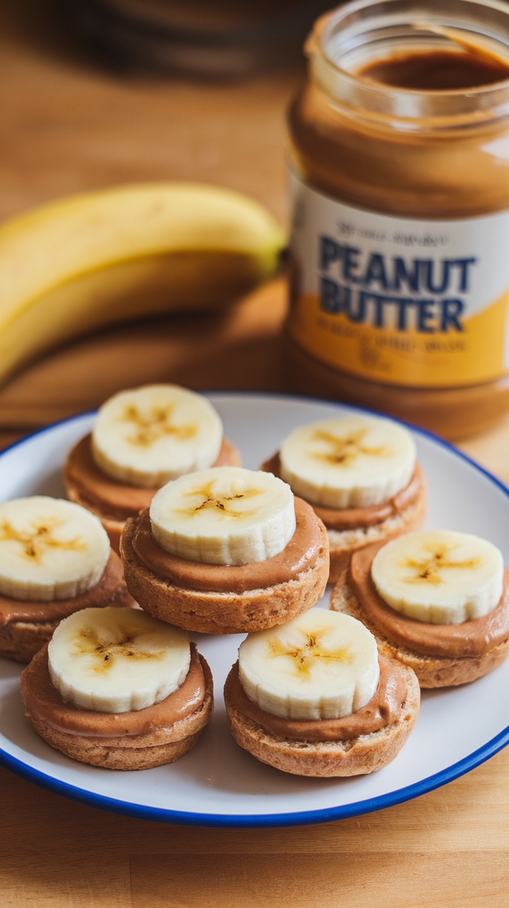 Peanut Butter Banana Breakfast Bites on a plate with a jar of peanut butter and a banana in the background.