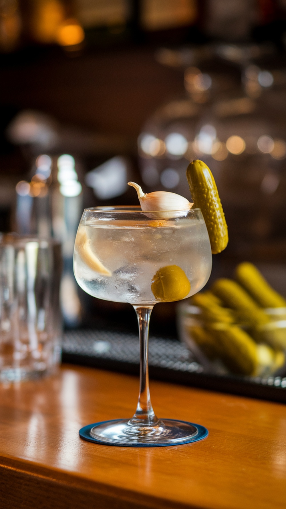 A Garlic Pickle Martini in a glass, garnished with garlic and a pickle.