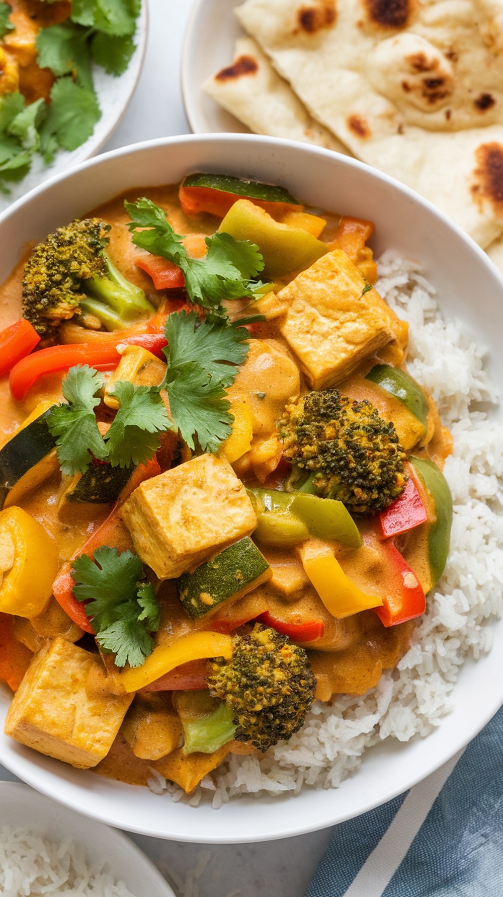 A bowl of tofu and vegetable curry with colorful vegetables in coconut sauce, served with rice and naan.