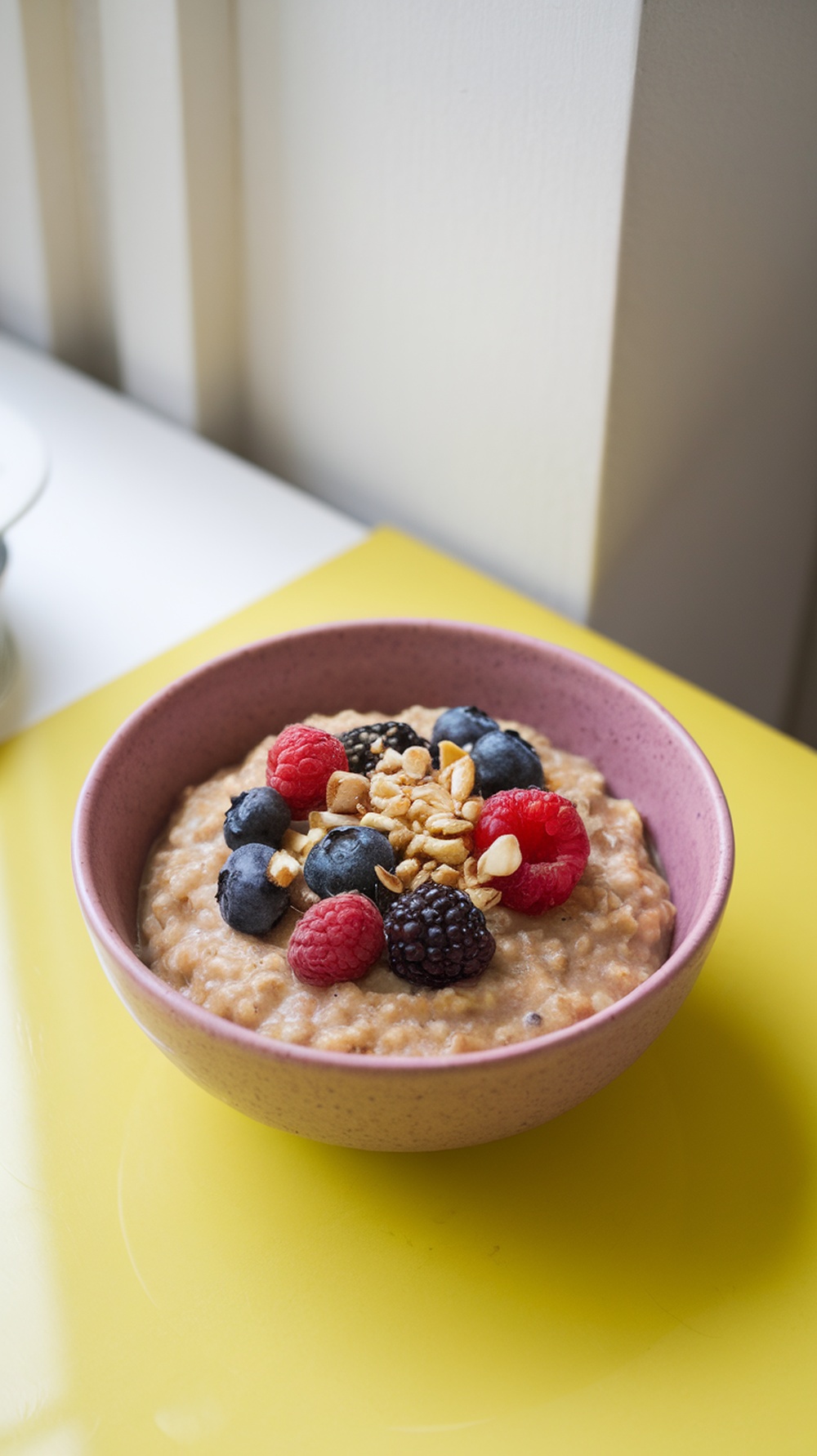 A bowl of oatmeal topped with berries and nuts on a yellow surface.