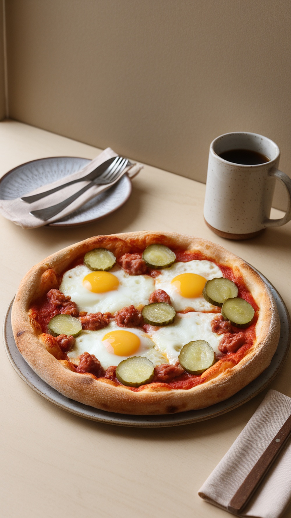 A delicious Pickle and Sausage Breakfast Pizza with eggs and pickles on a wooden table.