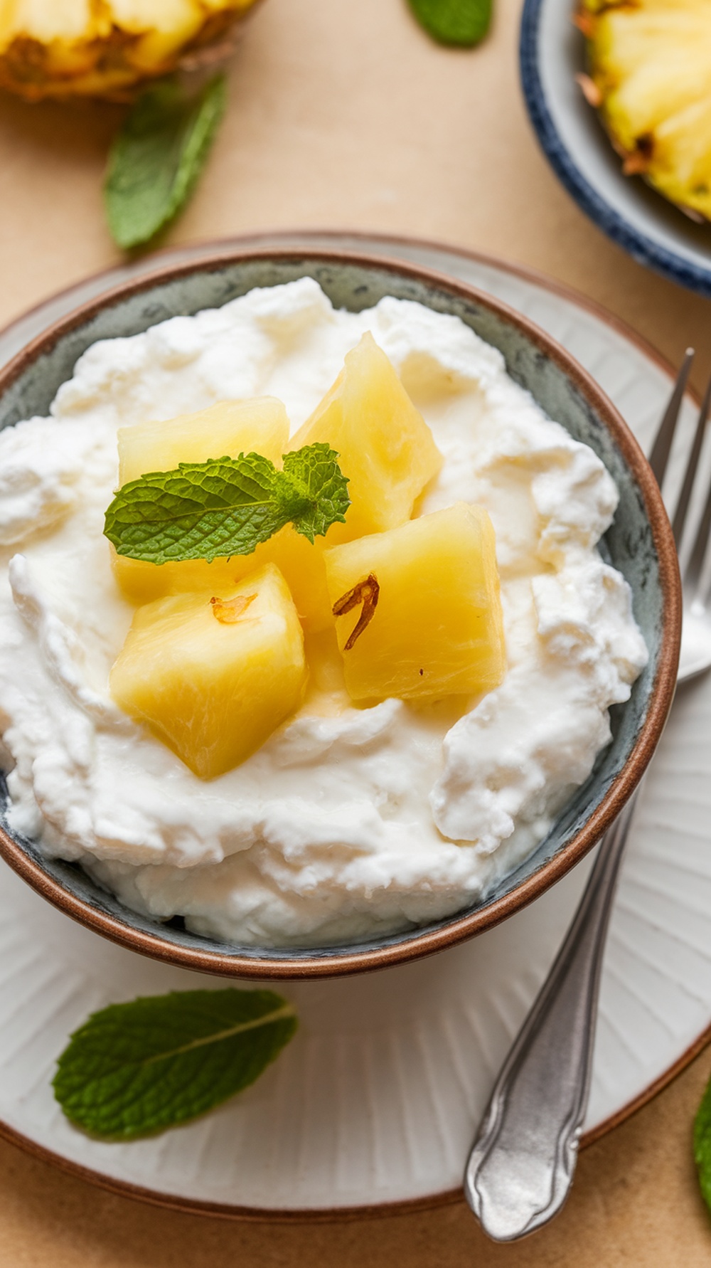 A bowl of cottage cheese topped with pineapple chunks and mint leaves.