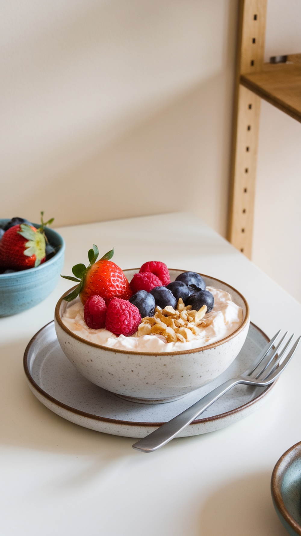 A bowl of cottage cheese topped with fresh berries and nuts.