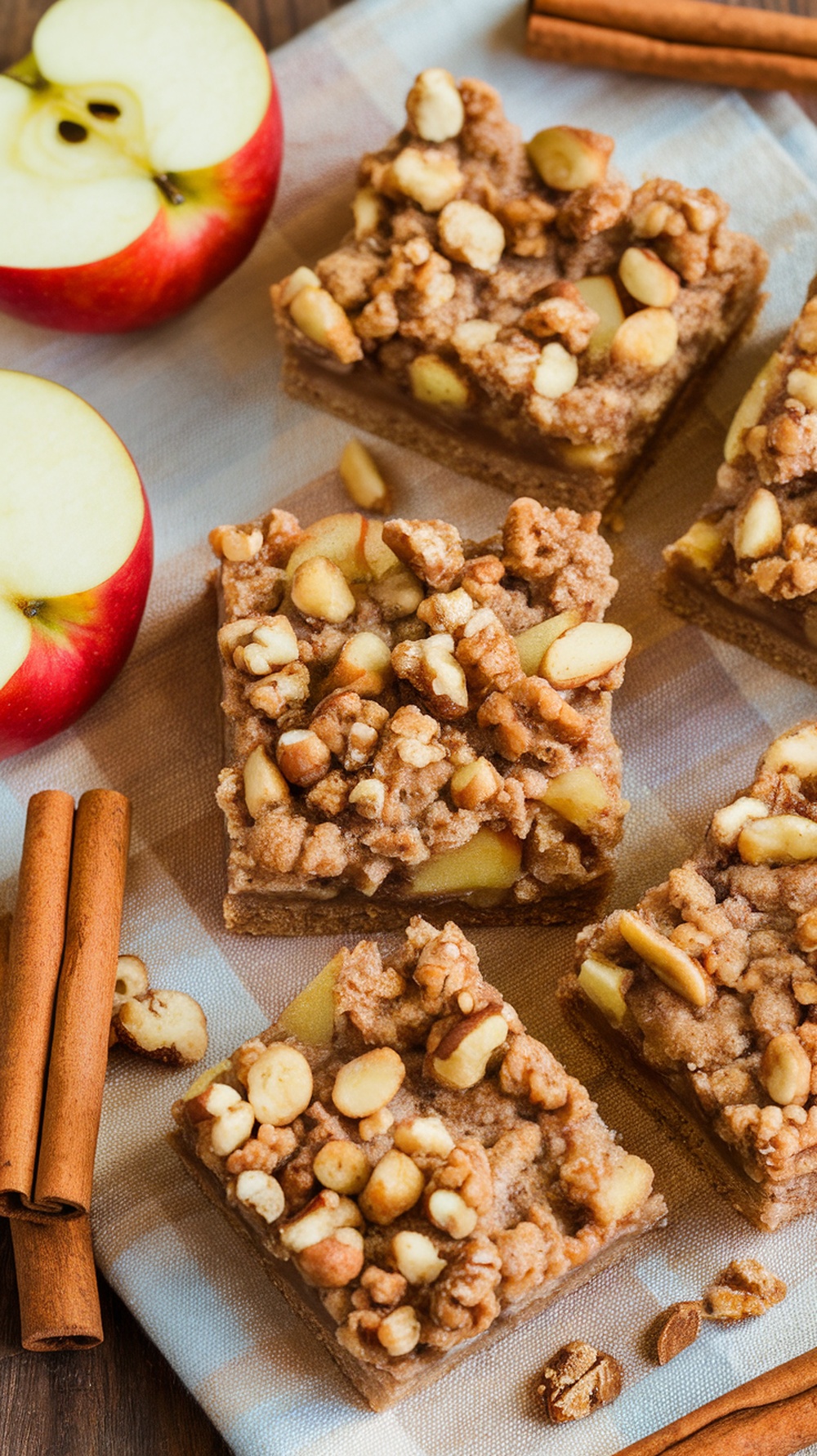 Delicious apple cinnamon nut bars with chopped apples and nuts on a table.