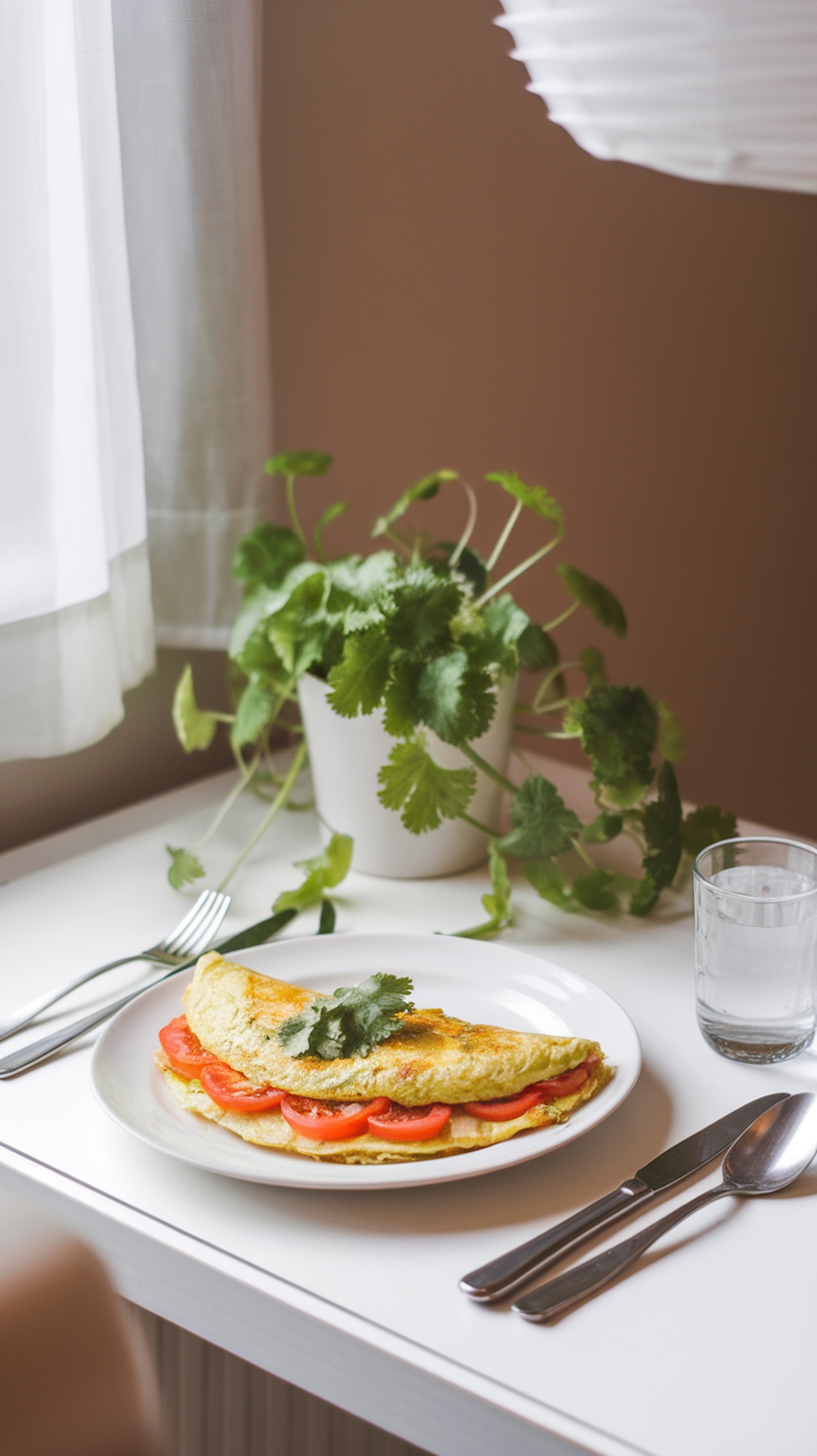 A delicious avocado and tomato omelette served on a white plate with fresh herbs.