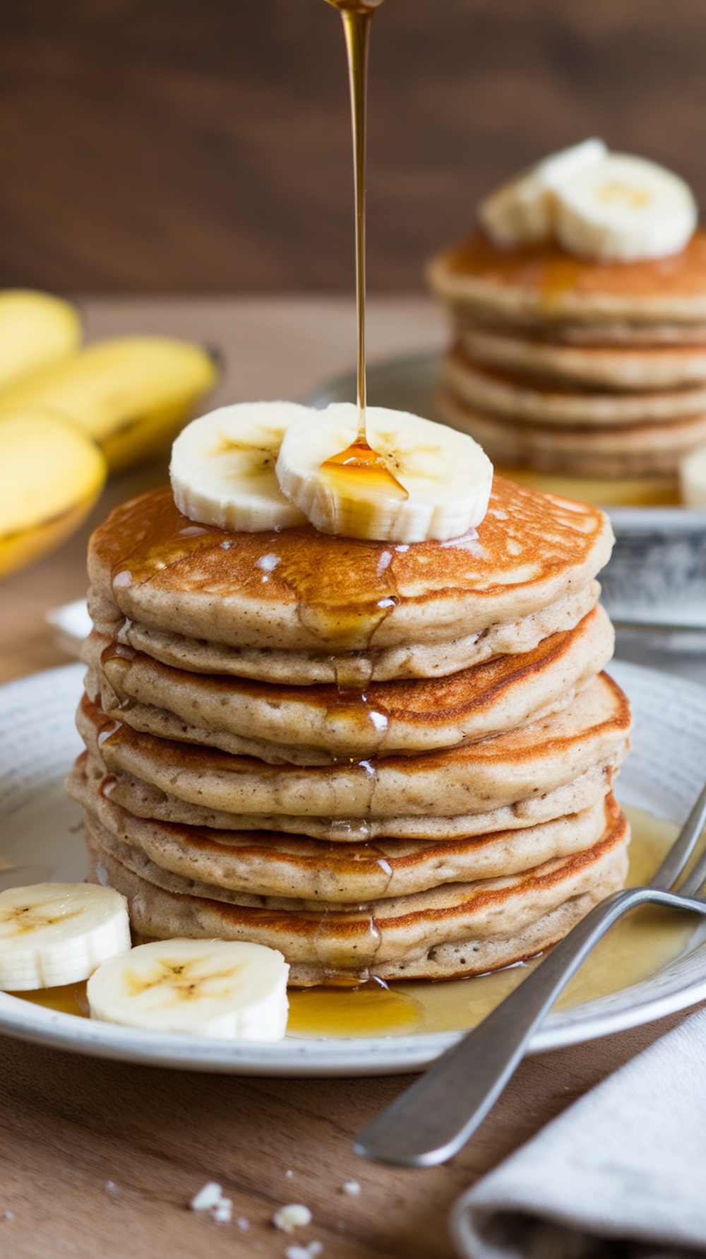 A stack of banana oatmeal pancakes topped with banana slices and syrup