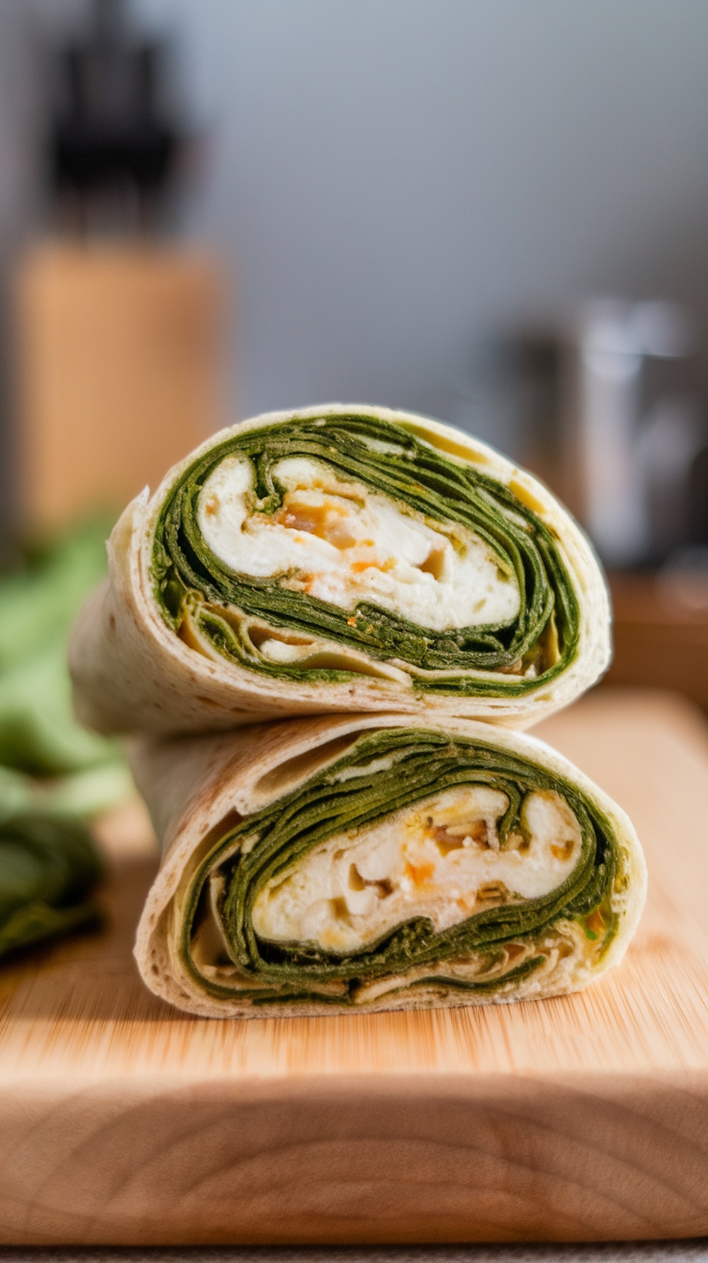 A close-up of a spinach and feta breakfast wrap, sliced in half, showcasing the vibrant green filling.