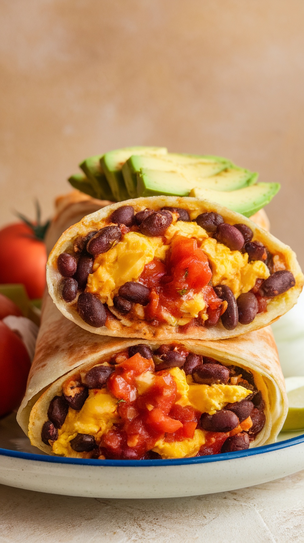 A delicious Southwest Black Bean and Egg Burrito cut in half, revealing a colorful filling of scrambled eggs, black beans, and salsa, with avocado slices on the side.