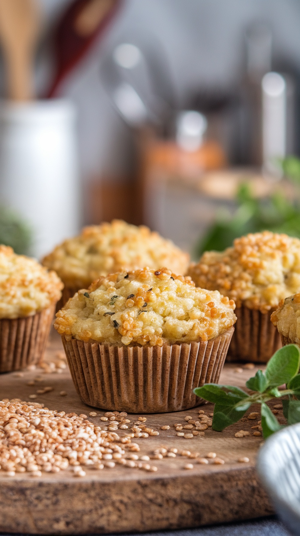 Delicious quinoa breakfast muffins topped with a crunchy texture, placed on a wooden surface with quinoa seeds scattered around.