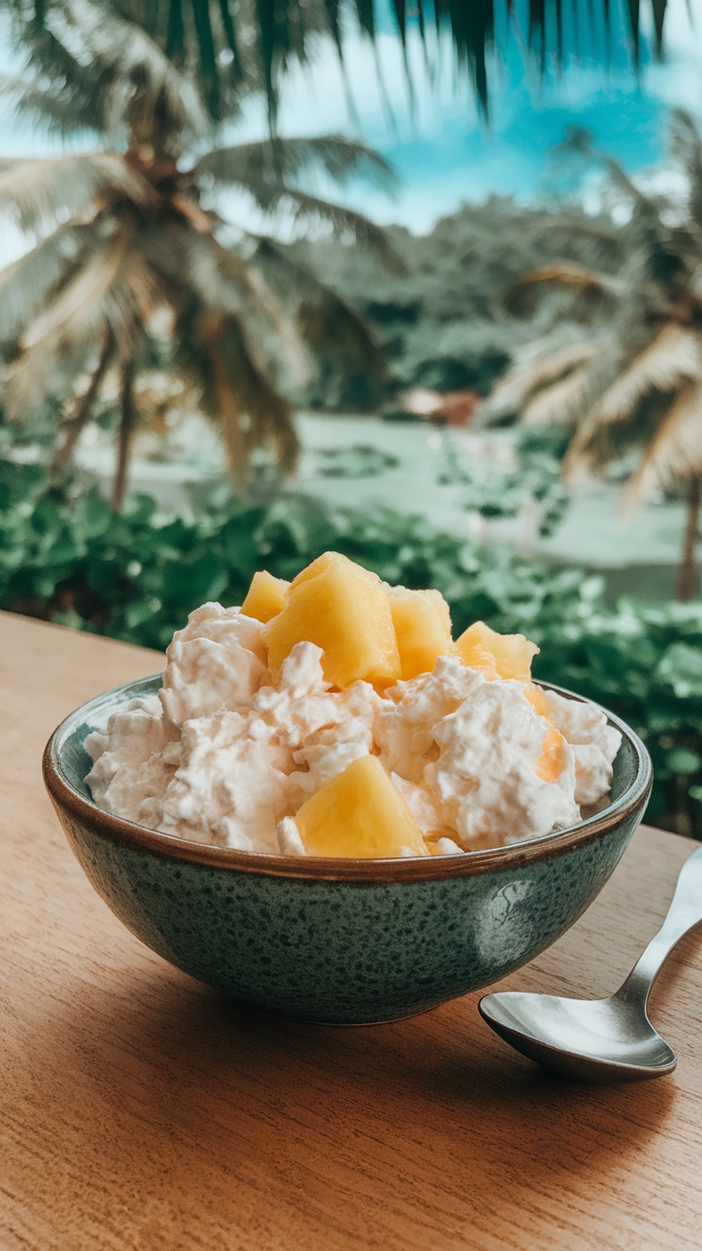 A bowl of cottage cheese topped with pineapple chunks, set against a tropical background.