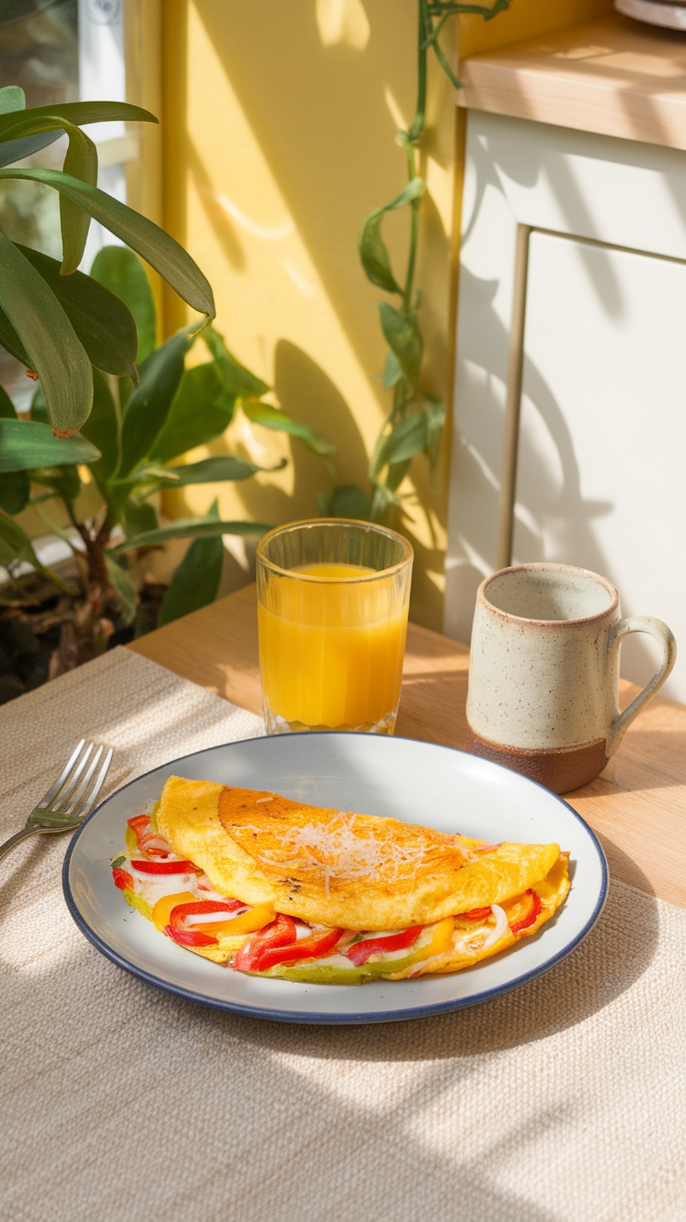 A delicious bell pepper and onion omelette served on a plate with orange juice and a mug.