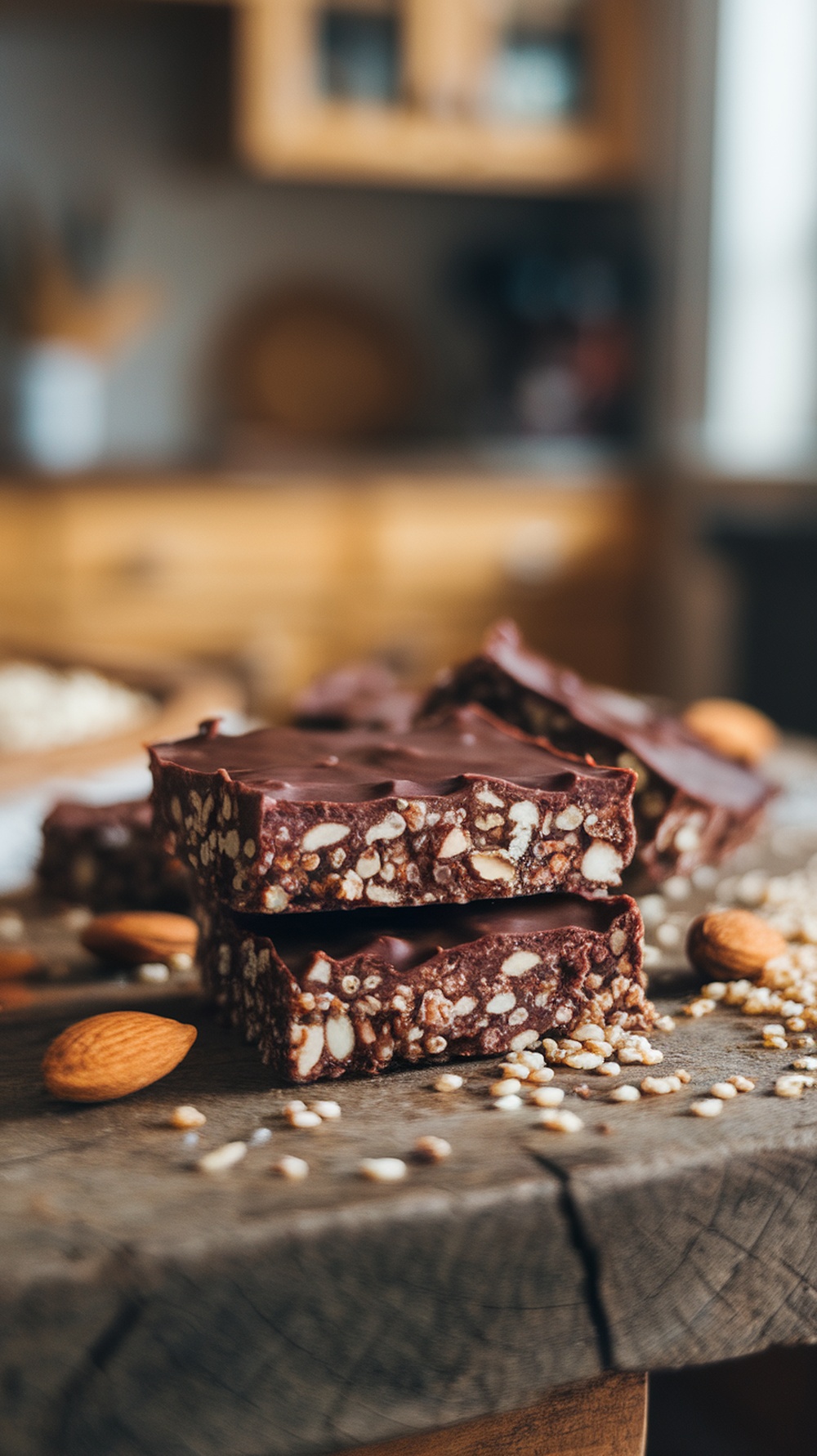 Chocolate Almond Quinoa Bars stacked on a wooden surface with almonds and quinoa scattered around.