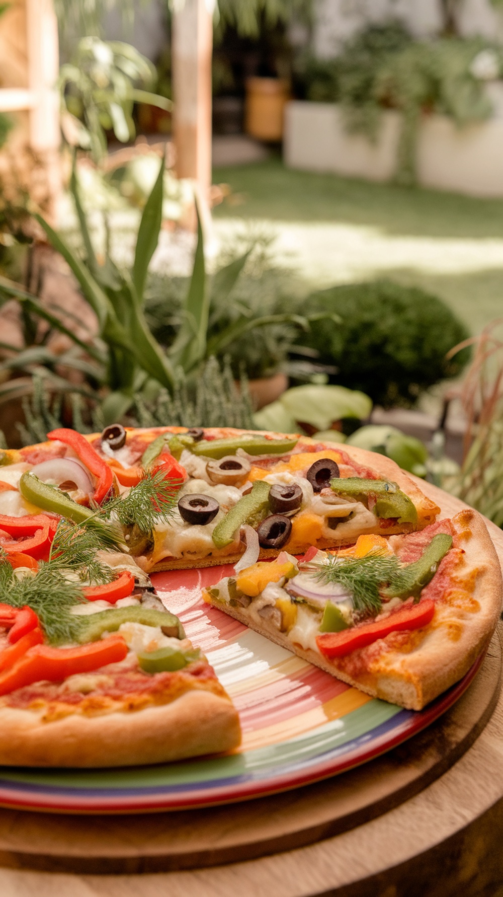 A colorful Dill Pickle Veggie Supreme pizza topped with bell peppers, olives, and dill, served on a vibrant plate.