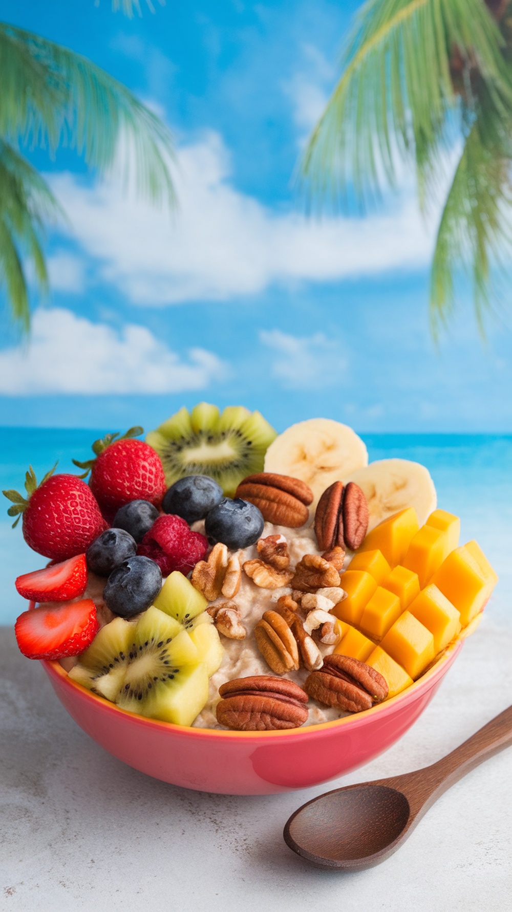 A colorful Tropical Fruit Oatmeal Bowl with various fruits and nuts