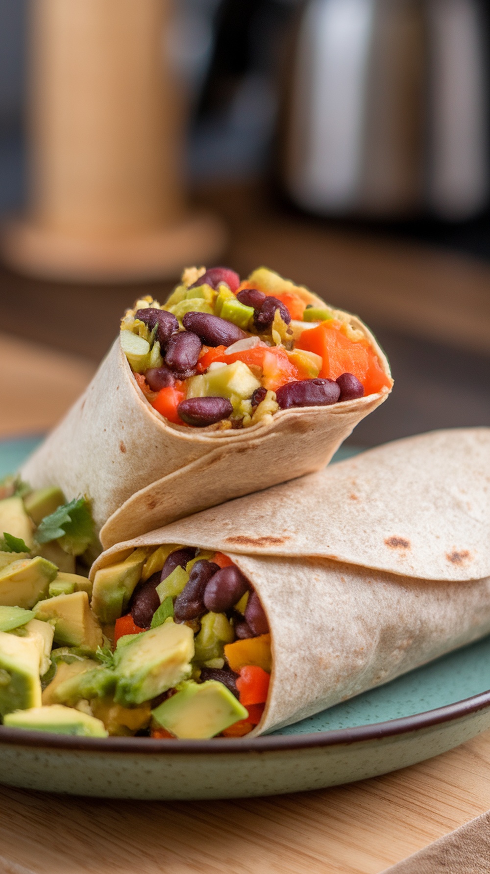 A vegan breakfast burrito filled with black beans, tomatoes, and peppers, served with avocado salsa on the side.