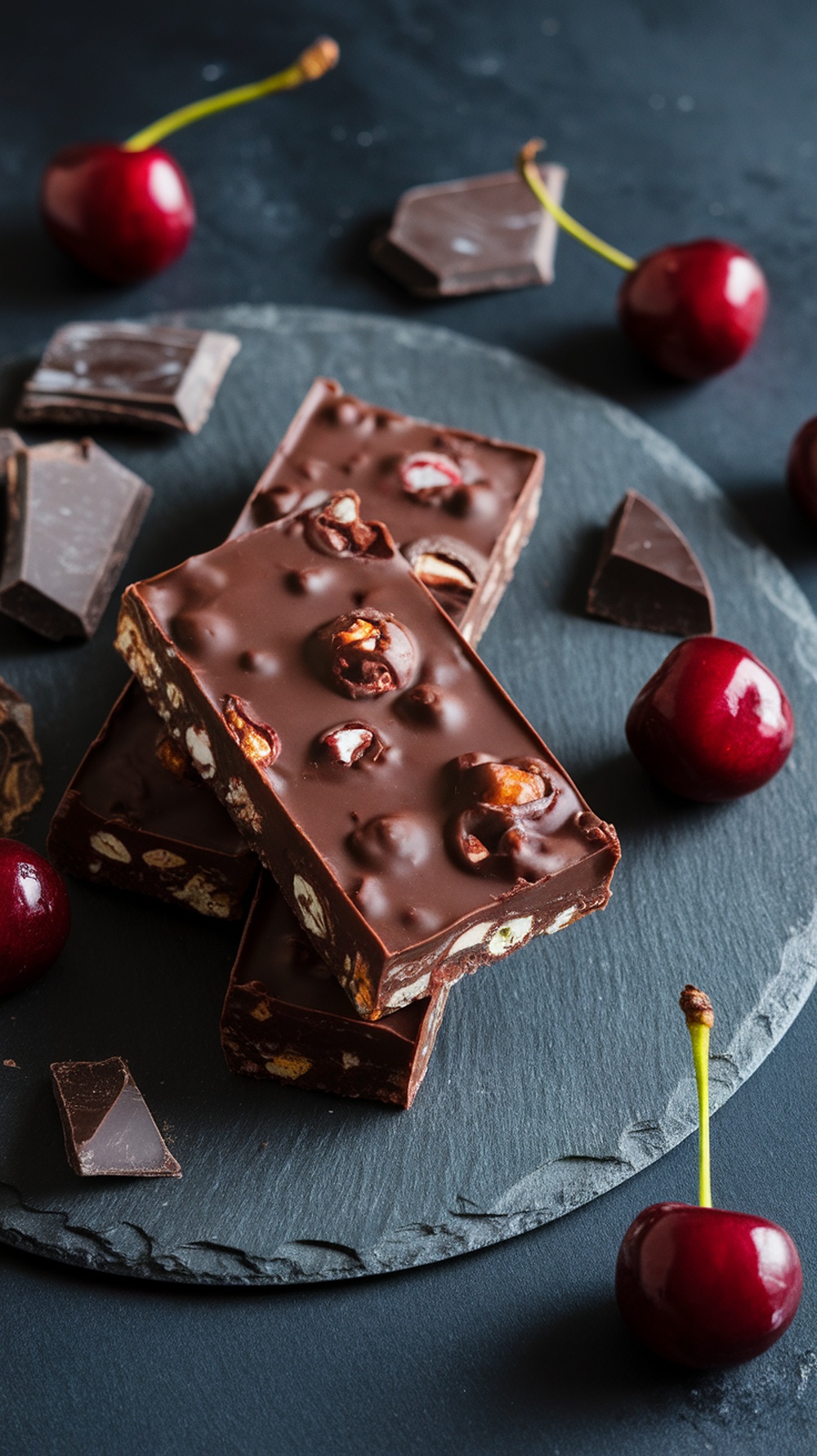 Dark chocolate cherry protein bars on a slate plate with cherries and chocolate pieces