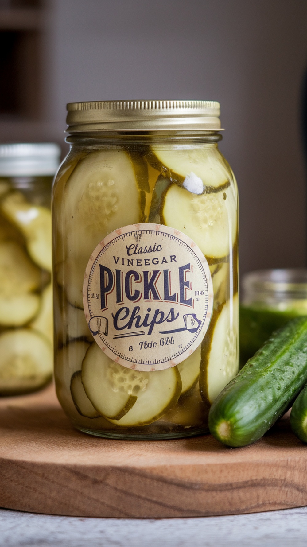 A jar of classic vinegar pickle chips with a label, sitting on a wooden surface next to fresh cucumbers.
