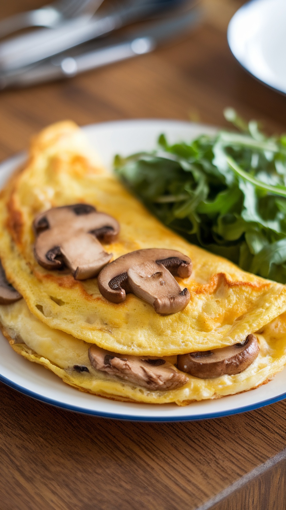 Mushroom and Swiss omelette served with fresh greens