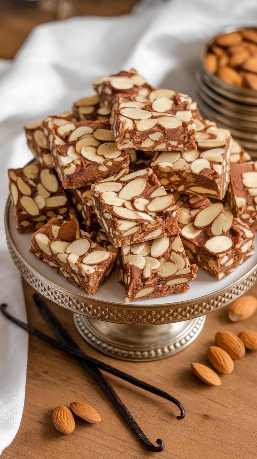 A stack of vanilla almond protein bars topped with slivered almonds on a decorative plate, surrounded by whole almonds and vanilla beans.