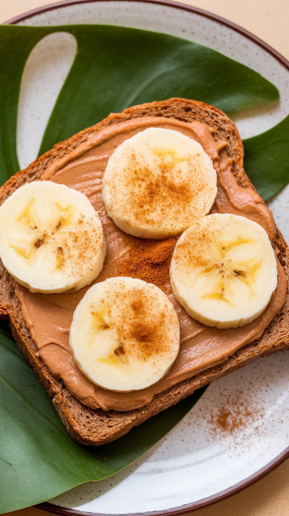 A slice of whole grain toast topped with peanut butter and banana slices, sprinkled with cinnamon.
