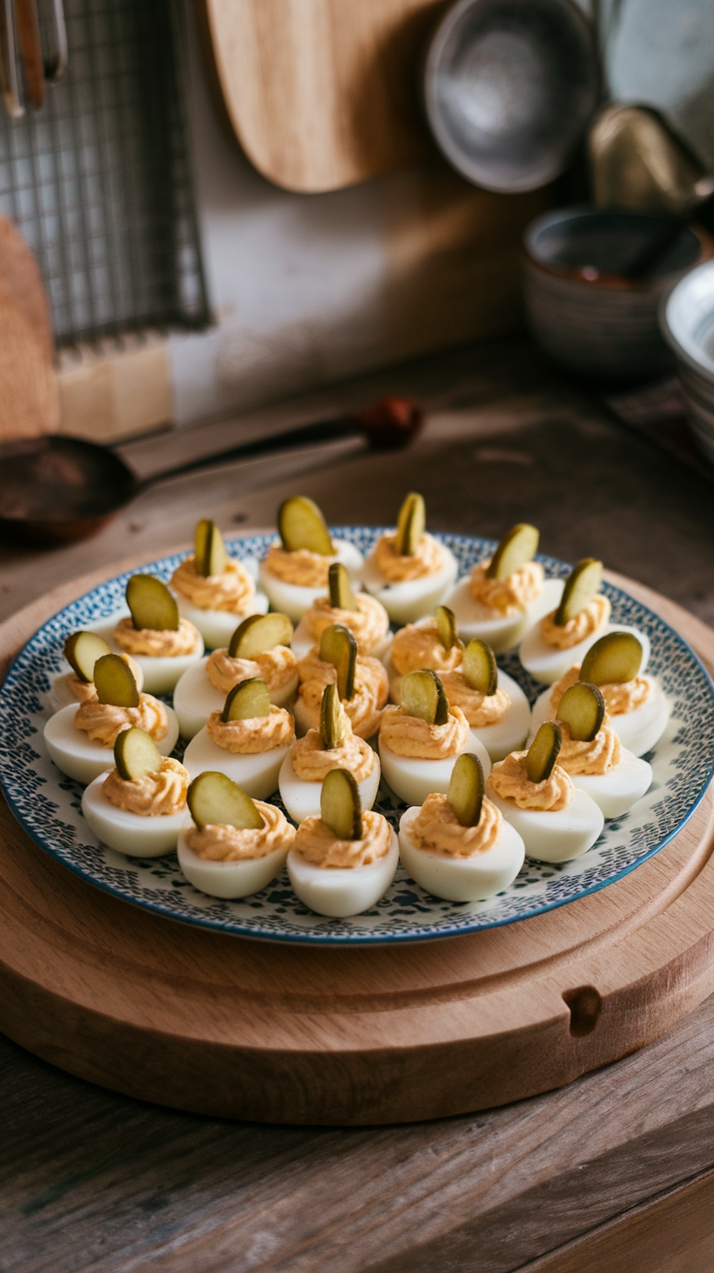 A platter of pickle-stuffed deviled eggs topped with pickle slices.
