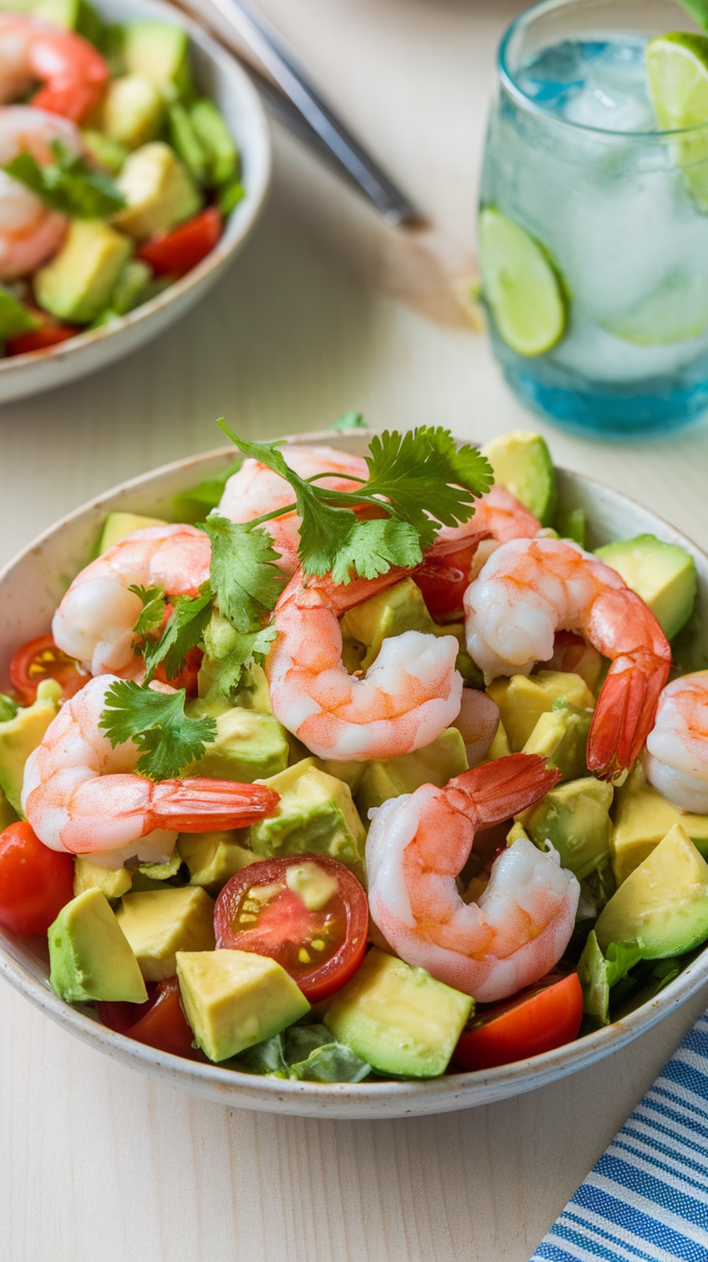 A colorful shrimp and avocado salad with shrimp, avocado, tomatoes, and cucumber, garnished with cilantro.