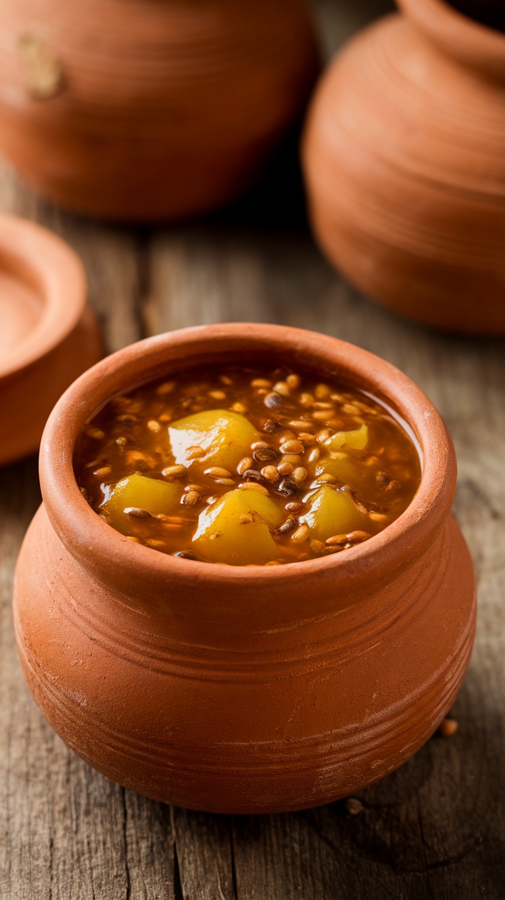 A clay pot filled with Indian spicy mango pickle, showcasing mango pieces and spices.