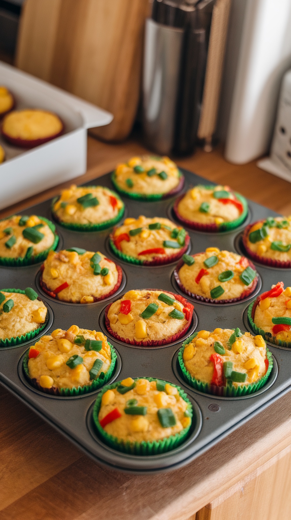 Colorful oven-baked egg muffins with veggies in a muffin tin.