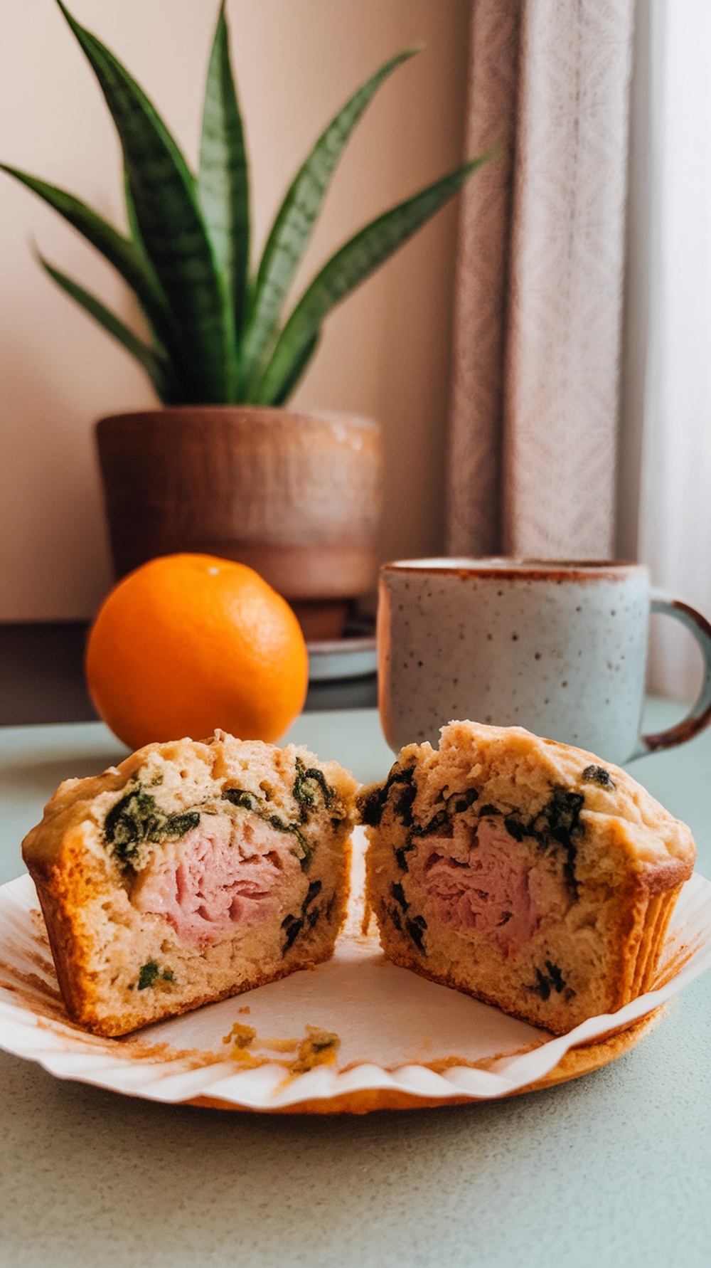 A delicious turkey and spinach breakfast muffin cut in half, with an orange and a mug in the background.