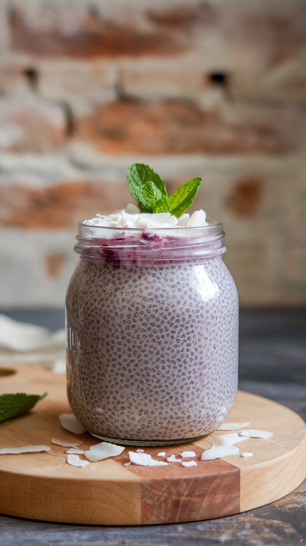 Chia seed pudding in a jar topped with coconut flakes and mint on a wooden board