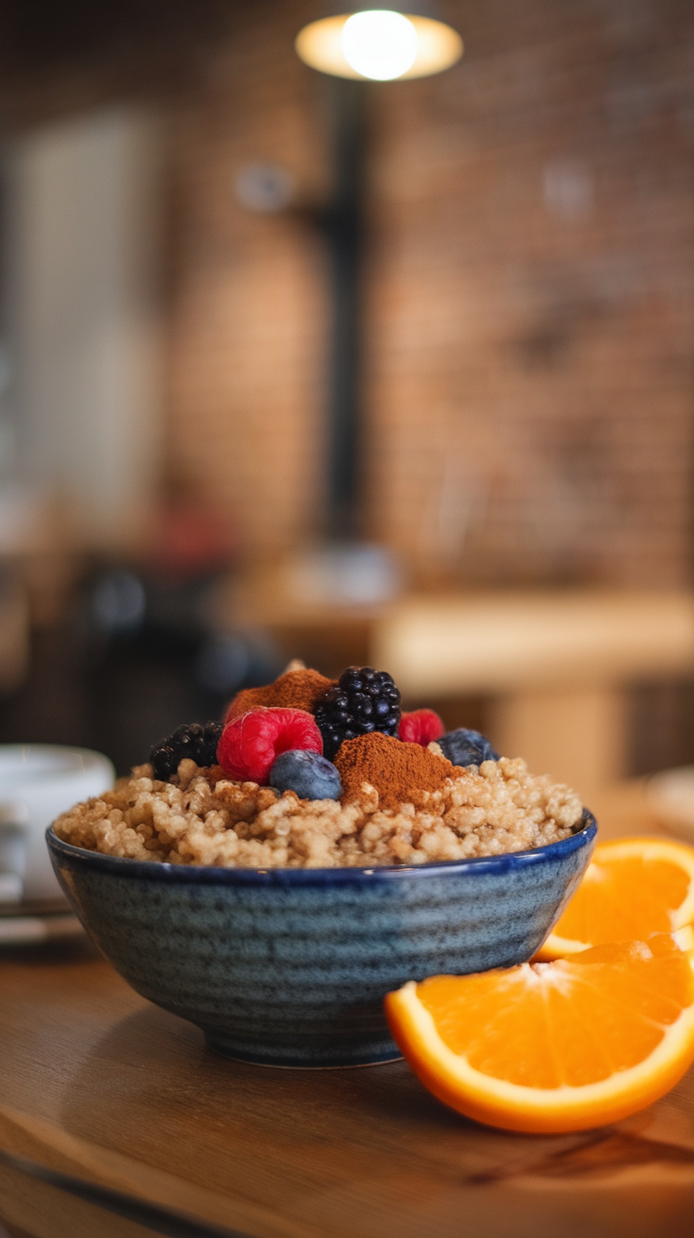 A bowl of breakfast quinoa topped with berries and cinnamon, with orange slices on the side.