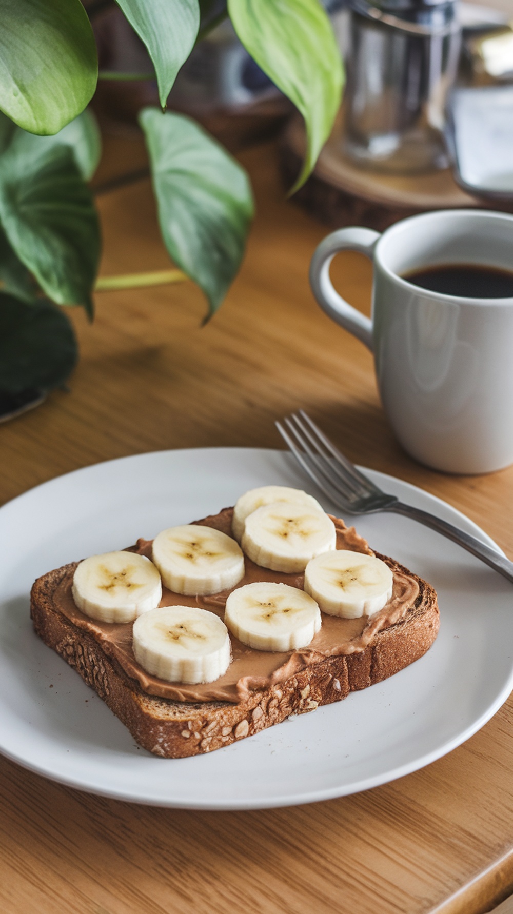 A plate with almond butter and banana toast, featuring sliced bananas on top, with a cup of coffee in the background.