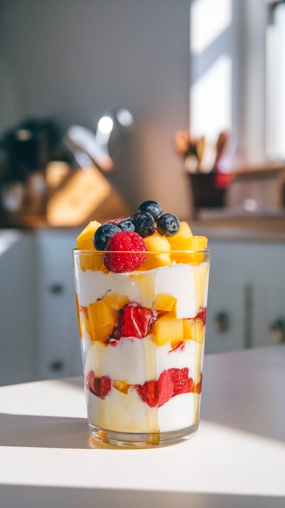 A Greek yogurt parfait layered with fruits and honey in a glass