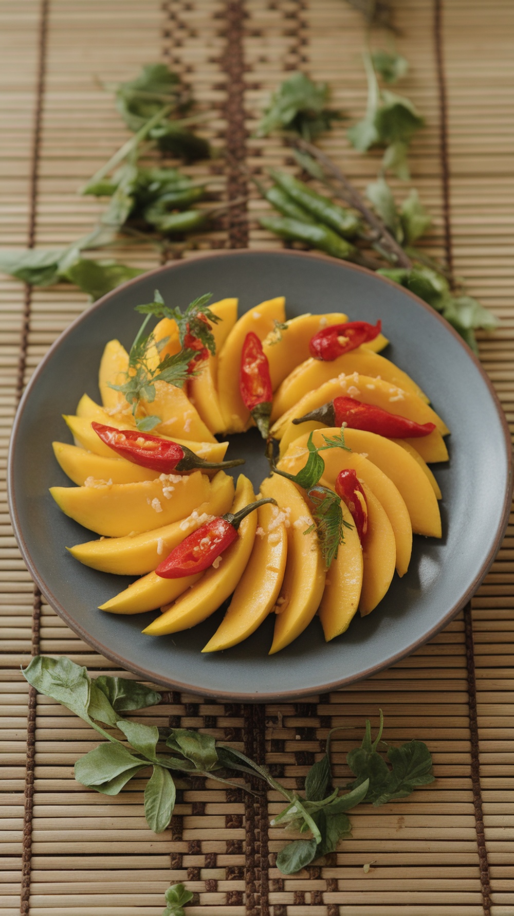 A plate of sliced mango arranged with red chili peppers and herbs on a bamboo mat.
