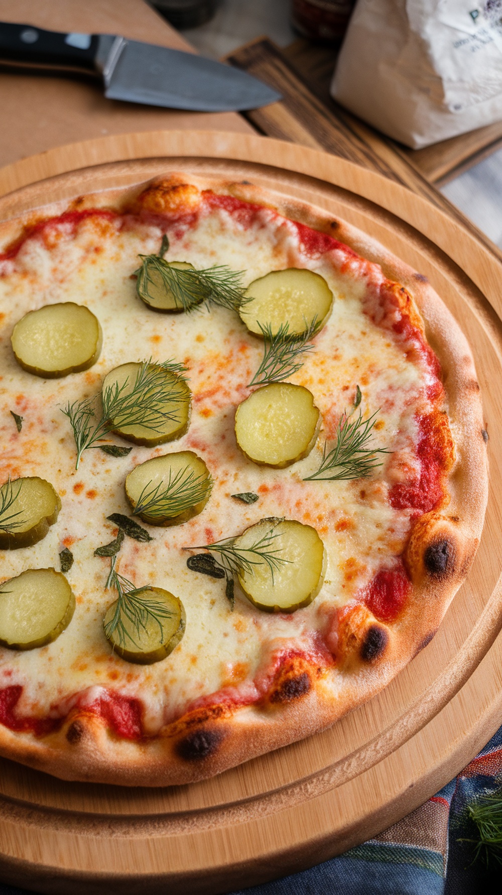 A classic dill pickle pizza with melted cheese, dill pickles, and fresh dill on a wooden board.